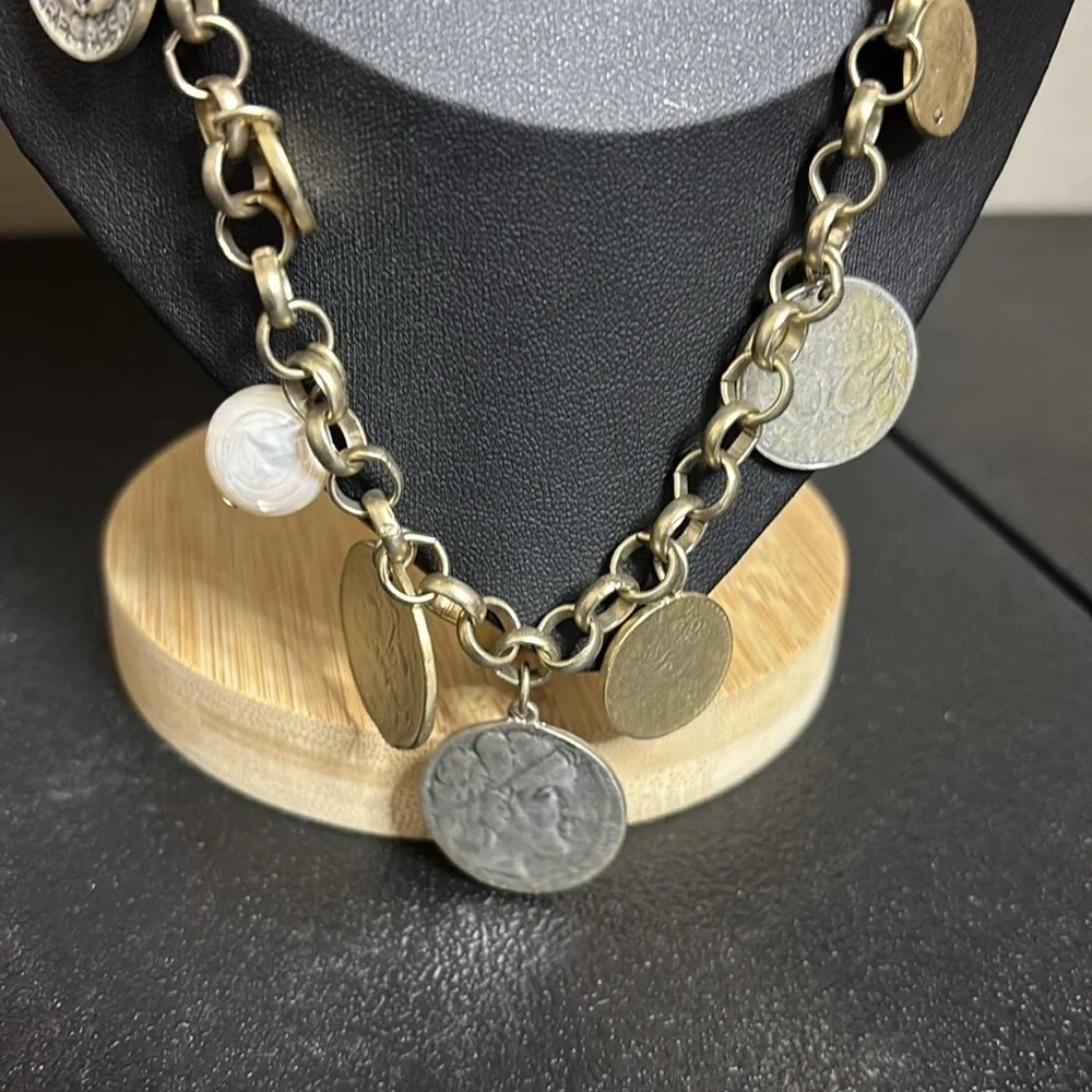 Chico’s Long Coin Silver Gold Tone Dangle Chain Necklace